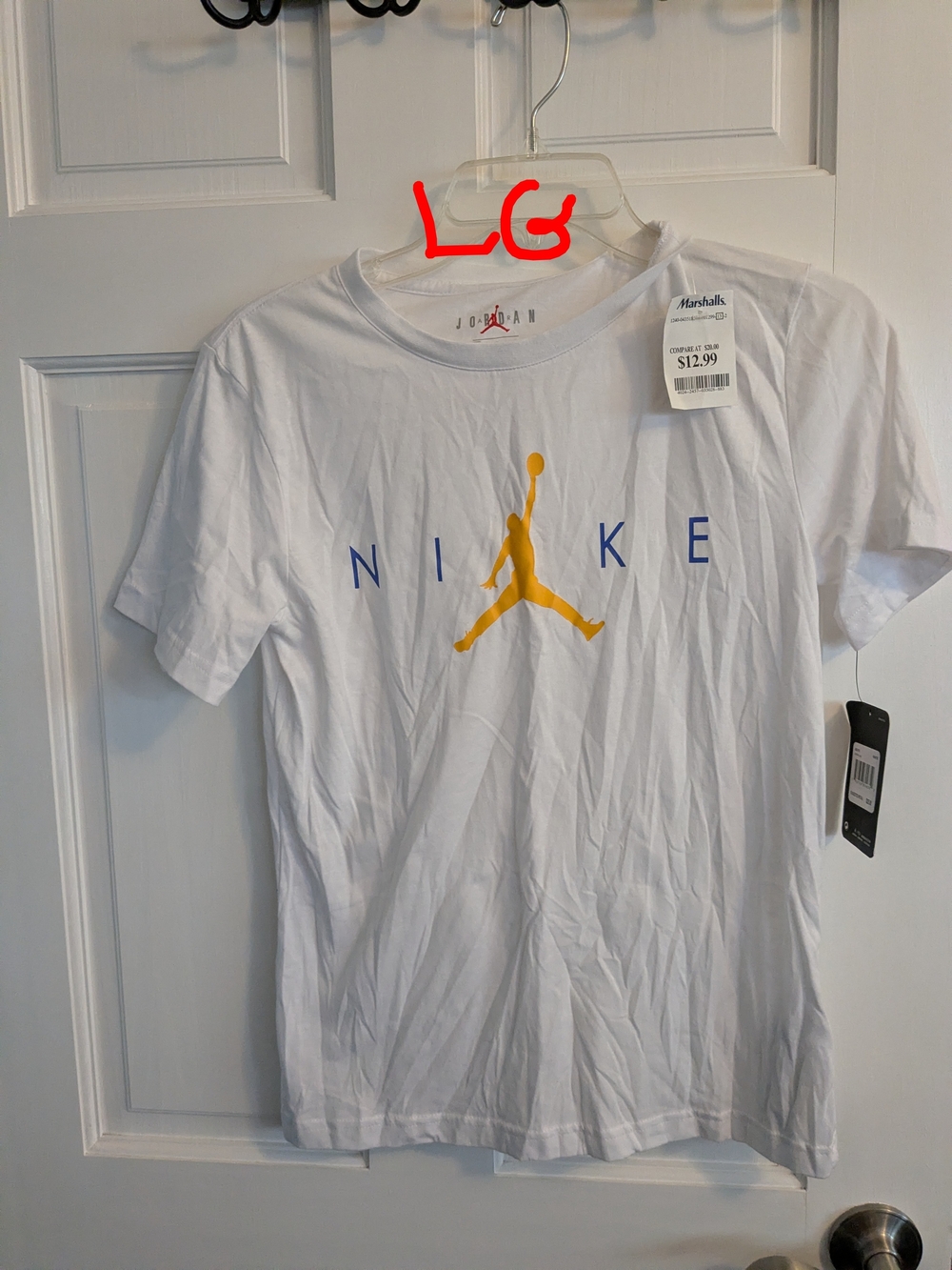 Nike Jordan White Tee with Yellow Jumpman and Blue Lettering